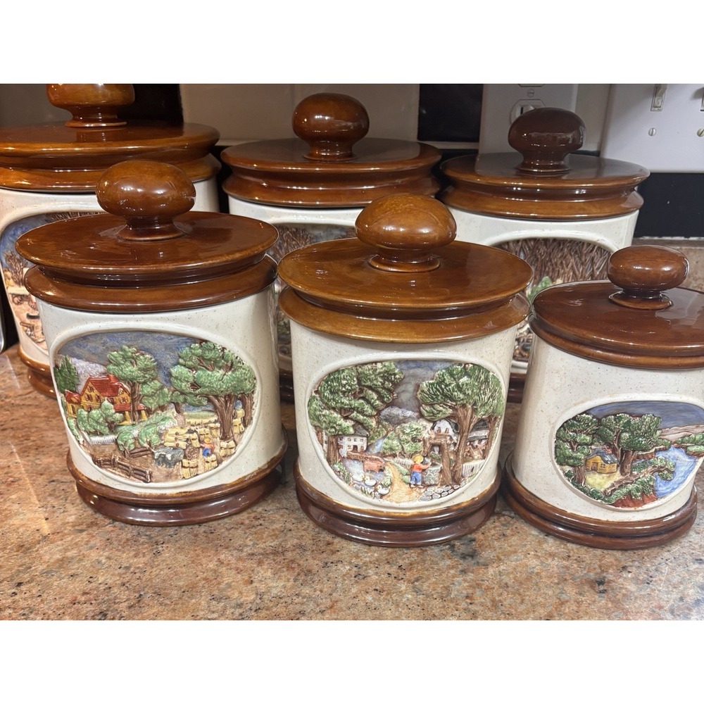 Vtg 80s Hand Painted 6 Pc Ceramic Farmhouse Canister Set w/Lids 3D Scenes Look!!